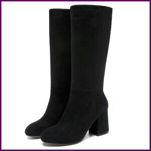 Knee High Boots Women Chunky Block Heel Comfortable Almond Toe Side Zipper